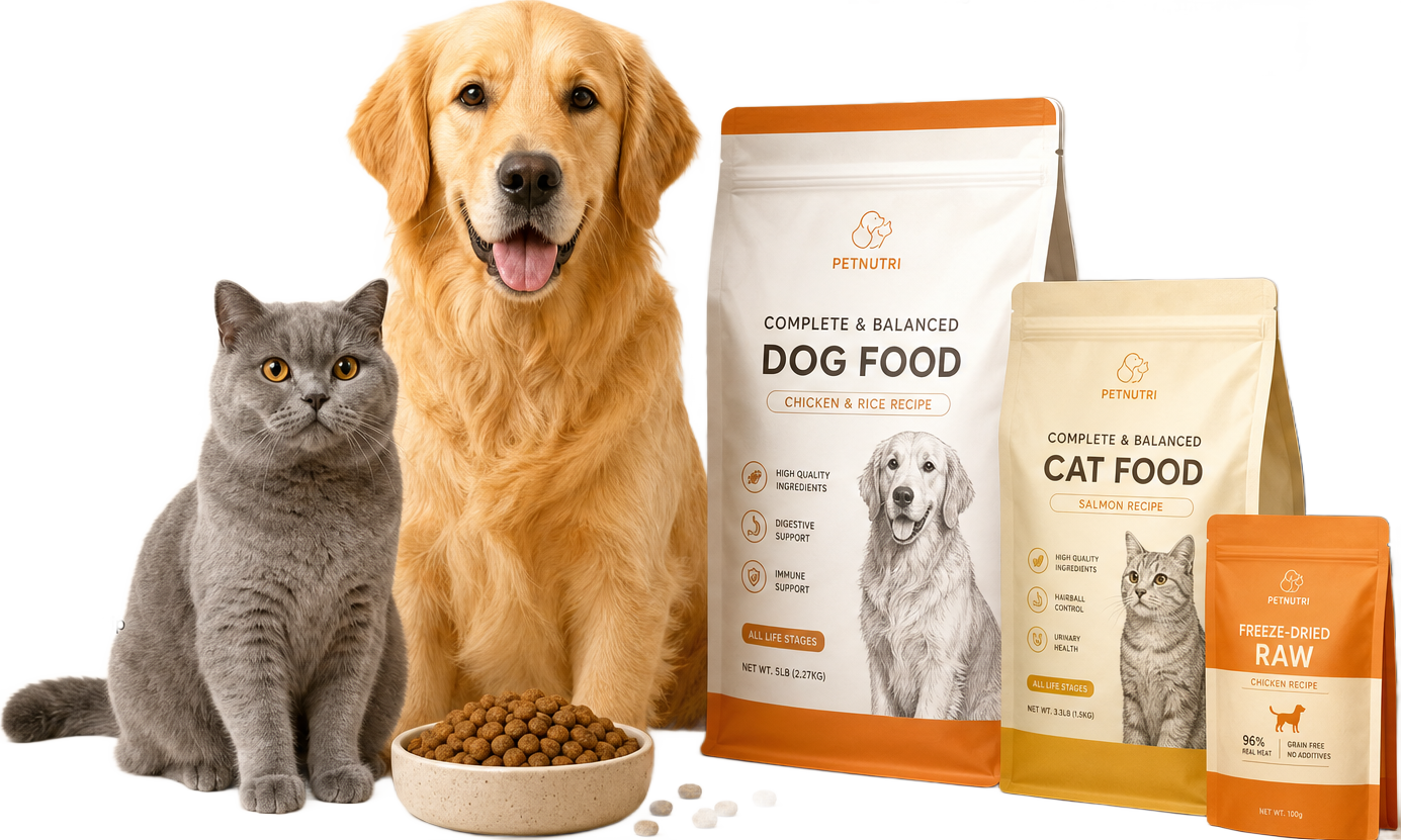 Premium pet food products with cat and dog