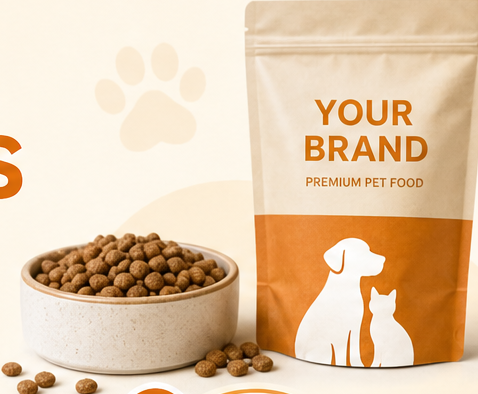 Premium pet food pouch and bowl of kibble